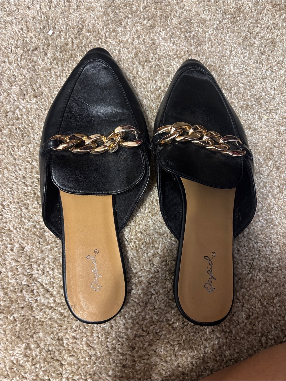 Qupid Black Pointed Slip-On Mules with Gold Chain